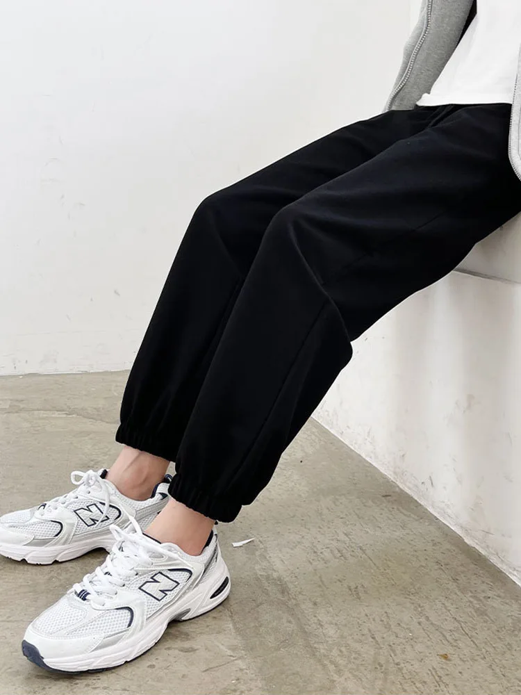 Pantaloni larghi alla caviglia con lacci a vita alta Pantaloni sportivi larghi alla moda in vita elastica Pantaloni da jogging dritti casual da donna