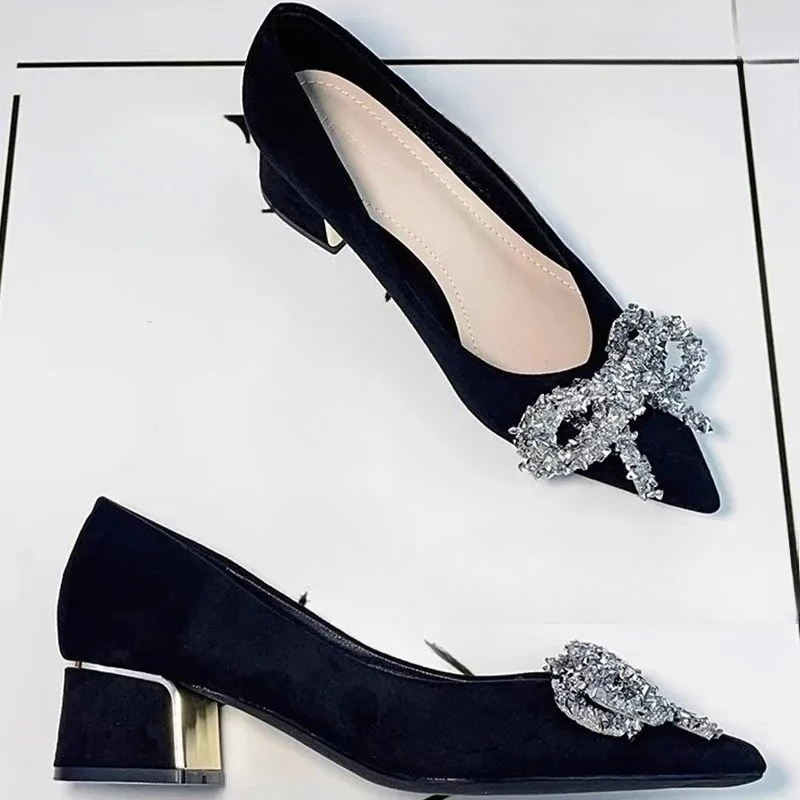 

Butterfly Heels French 2025 New Two-Wear Pointed Toe Shallow Slip Rhinestone Slip-on Square Heel Single Shoes