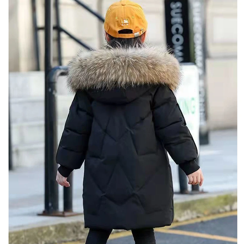 New Very Keep Warm Fashion Girls Jacket Long Style Big Fur Collar Detachable Hat Heavy Coat For 2-12 Years Kids