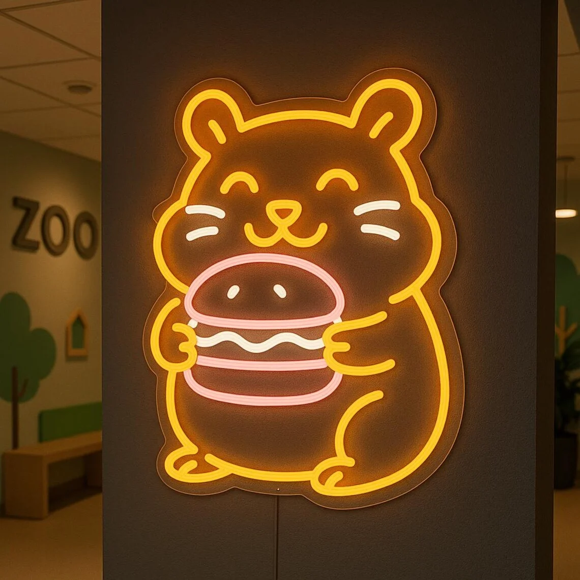 Hamster Neon Sign with Cute Animal Hamster with Burger Neon Cafe Kitchen Restaurant Art Decor Bedroom Game Room Decor
