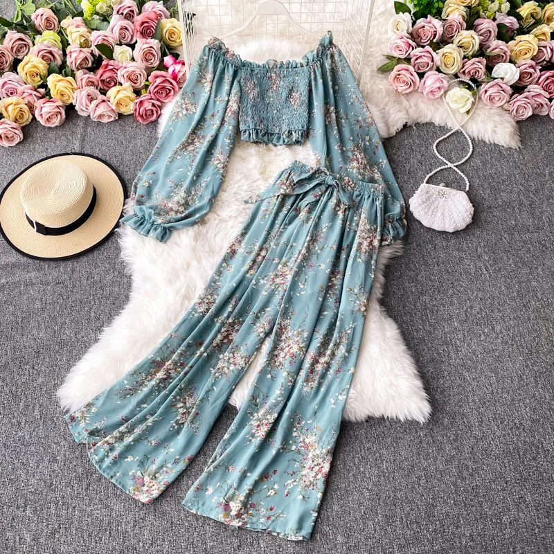 

Fashionable Floral Print Chiffon Top Shortie Crop Top High Waist Wide Leg Pants Two Piece Set Square Collar Belly Baring Top