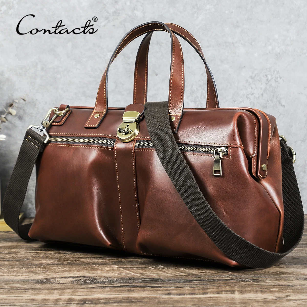 CONTACT'S Genuine Leather Business Bags for Men Mental Frame Briefcase Shoulder Bags Leather Portfolio Bag 14“ Tote Laptop Bags