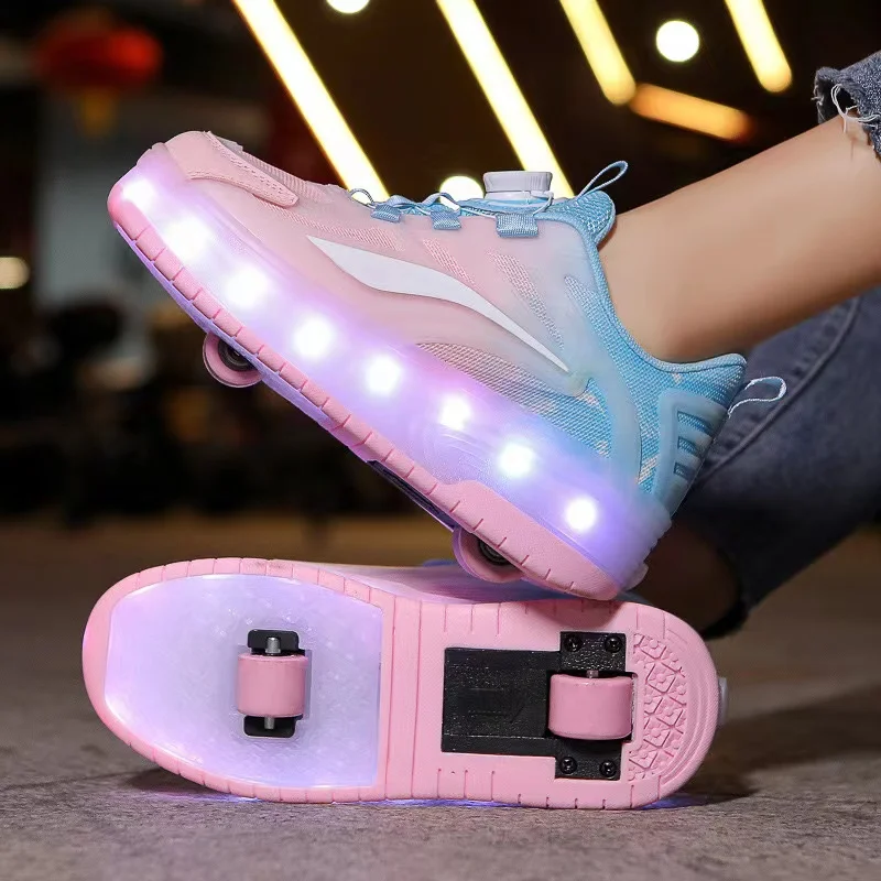 

Luminous Deform Sneakers for Kids, USB Charging, 2 Wheels, Glowing, Pink, Blue, LED Light, Roller Skate Shoes for Boys and Girls