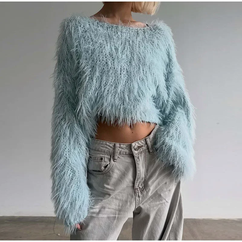 Damen-Strickpullover mit O-Ausschnitt, Langarm, Kurz geschnitten, Herbst, Rundhals, Flauschig, Einfarbig, Locker geschnitten, Neues Oberteil – Detail 1