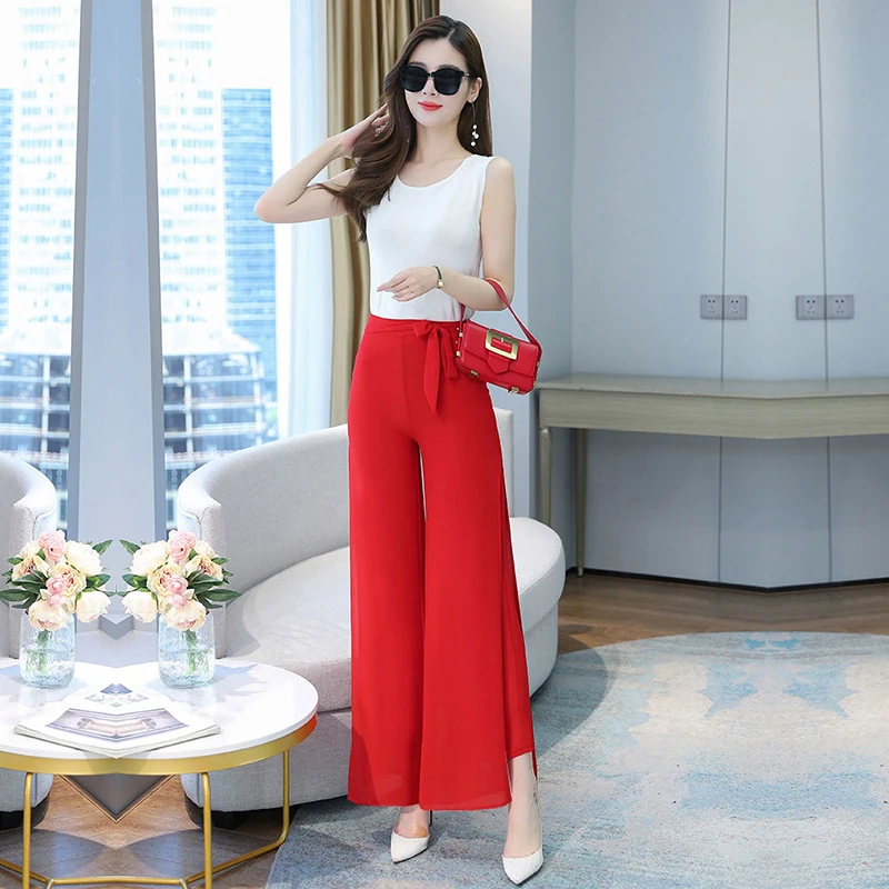 Women\'S Summer Double Layered Thin Material Breathable High Waist Loose Casual Chiffon Wide Leg Pants Mom Dance Split Trousers