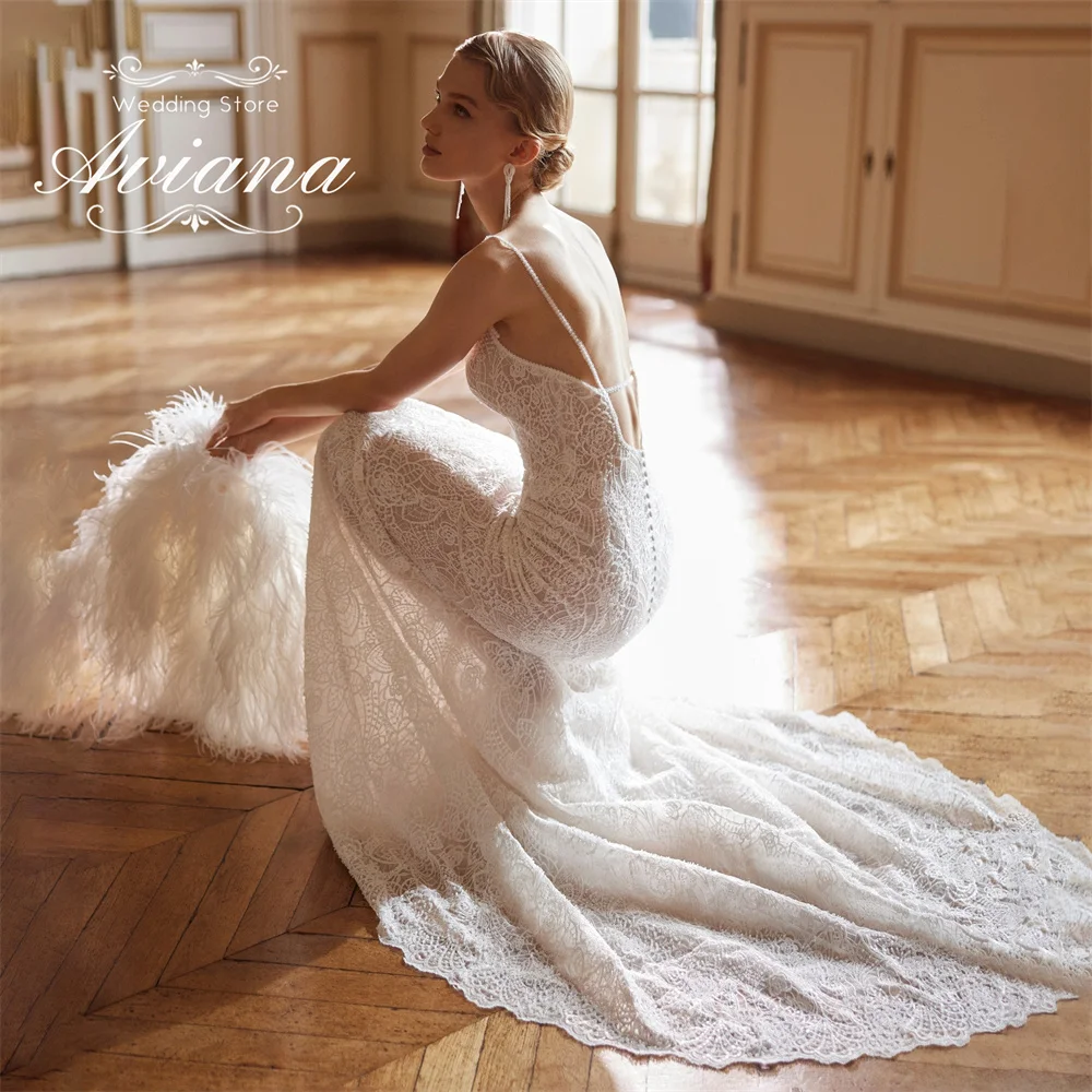 Abito da sposa a sirena con ricamo in pizzo Aviana personalizzato, cinturino per spaghetti, senza schienale, senza maniche, con fiocco, lunghezza del pavimento, elegante