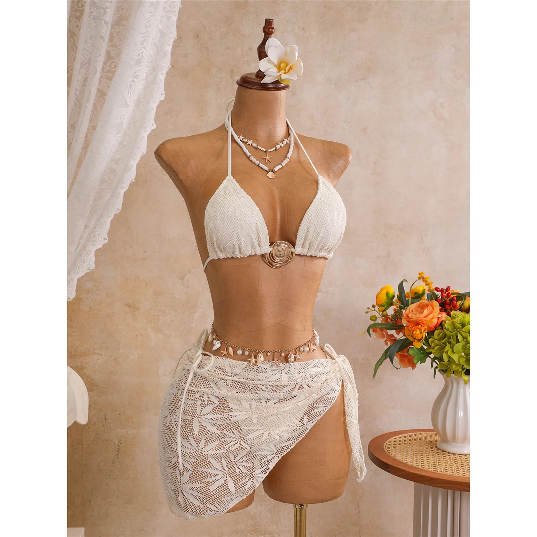 Mit Sarong-Blättern bedruckter Neckholder-Bikini, Damen-Badeanzug, dreiteiliges Bikini-Set, Badebekleidung, Badeanzug, Schwimmanzug V8367 – Detail 15