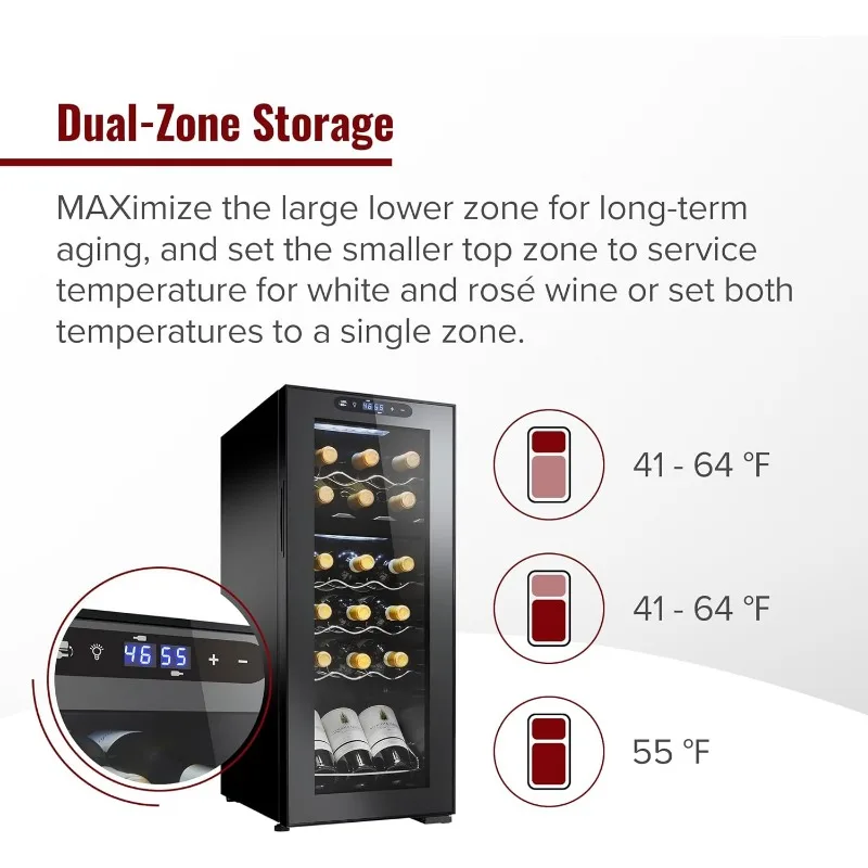 Enfriador de vino con compresor MAX de doble zona para 18 botellas, refrigerador independiente con almacenamiento y temperatura divididos