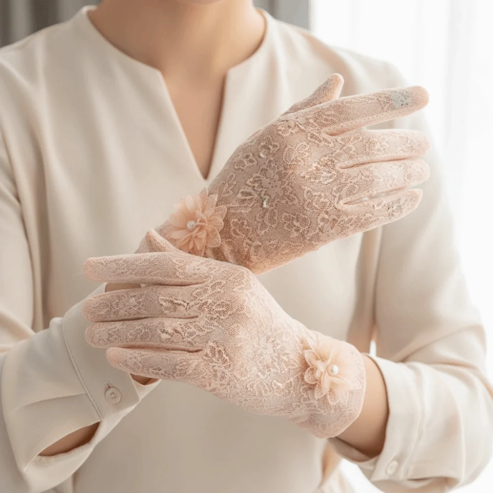 Anti-skid Women Sun Protection Gloves Lace Full-finger Design Ice Silk Lace Gloves Breathable Sunscreen Summer Sunscreen Gloves