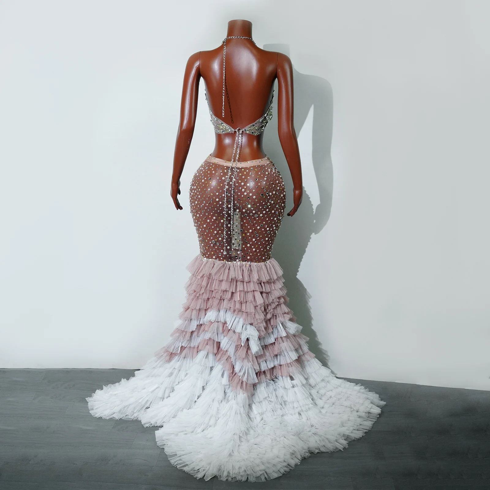 Длинное платье русалки с перьями и жемчугом, сверкающие стразы, женское сценическое платье для вечеринки, дня рождения, выпускного, наряд для фотосессии