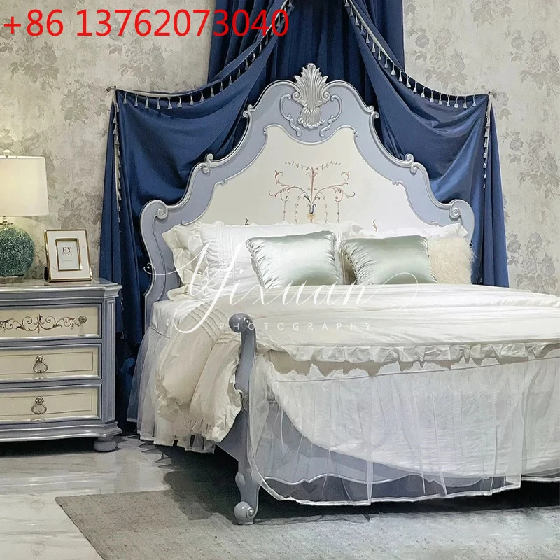 

Французско-американское ретро-резьба из цельного дерева с цветком, двуспальная кровать в старом придворном стиле