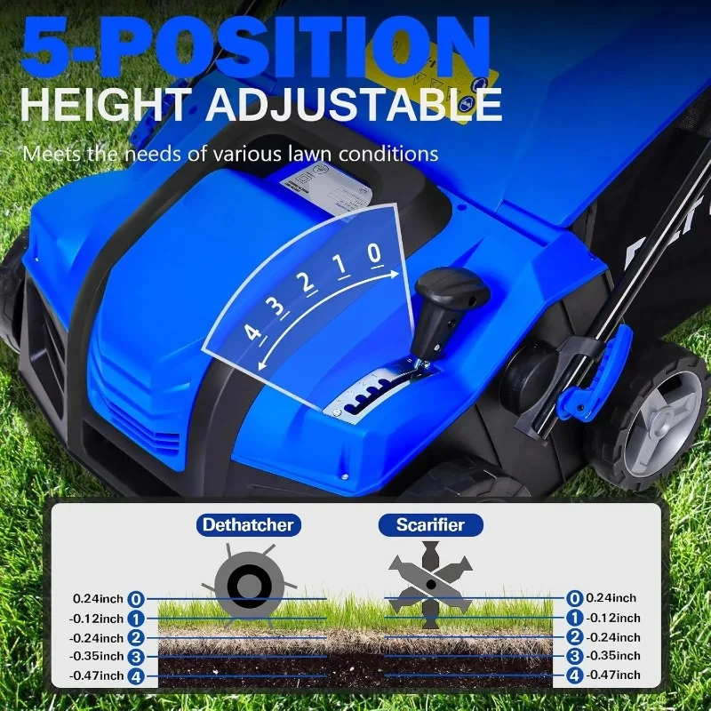 16 Inch  5-Position Depth Adjustment Dethatcher Scarifier 14.5 gal Thatch Bag Electric Powered, 15 Amp Copper Motor