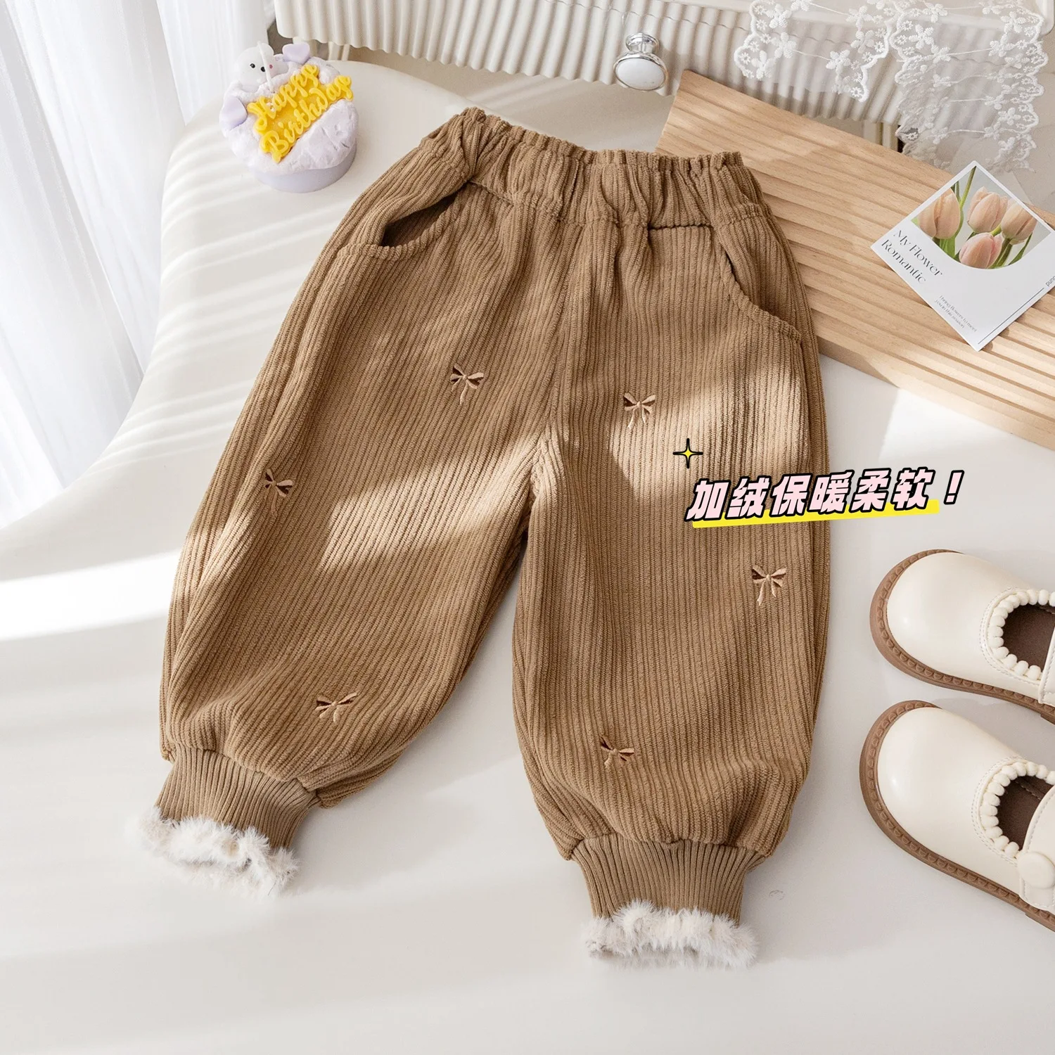 2024 Winter Children Girls Velvet Casual Pant Knotbow Embroidery Lace Loose Thick Versatile Kids Girls Pants Baby Girls Pants