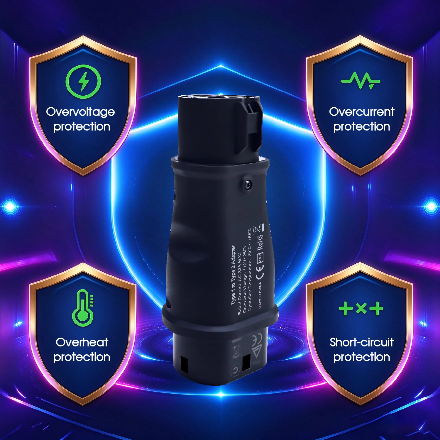 Kolanky Type 1 to Type 2 EV Adapter 7.2KW 32A J1772 to IEC 62196-2 Converter AC Charging for Type 2 Car Without Cable