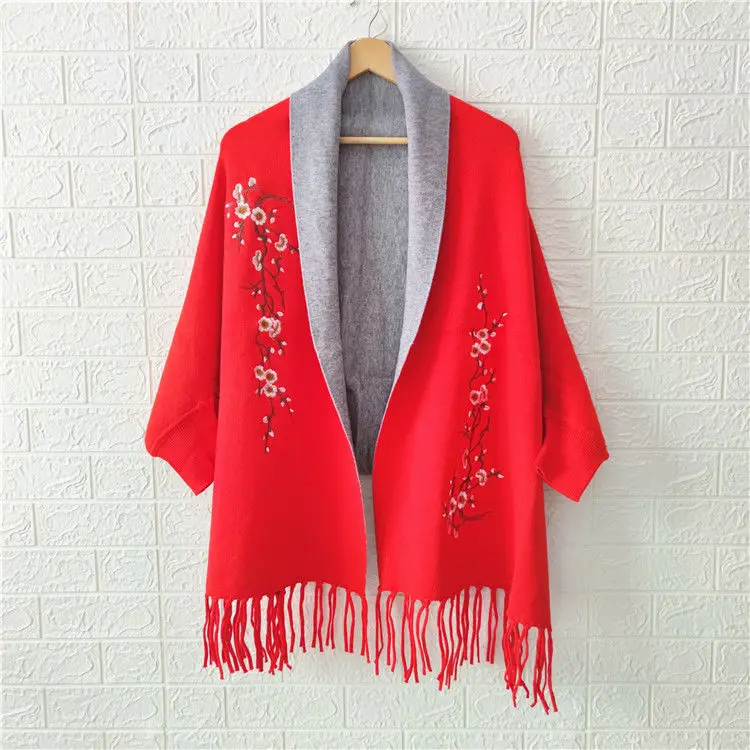 Autumn and winter poncho embroidered imitation cashmere women shawl with sleeves retro cheongsam  plum cape jacket scarf female