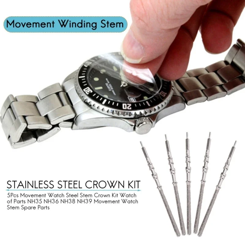 5Pcs Watch Crown Stem NH35 Watch Steel Stem Crown Kit of Seiko Seiko NH36 NH38 NH39 NH35A Movement Watches Spare Parts