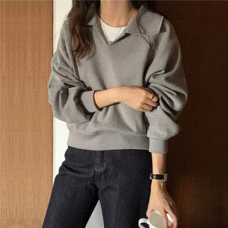 

Brief Women Hoodie V-neck without Hood Cotton Spring Fall Fashion Girls Knit Loose Hoodies