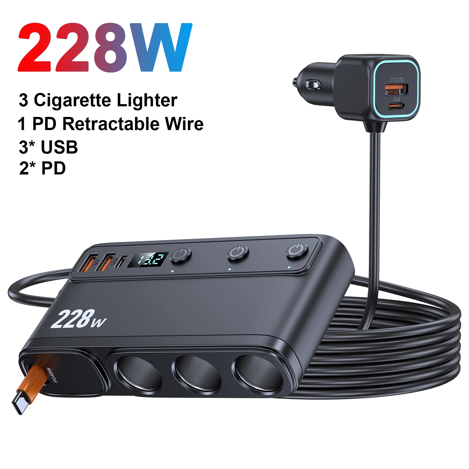 

Автомобильное зарядное устройство 228 Вт, 9 в 1, 3 порта, разветвитель прикуривателя, 12 В, 24 В, адаптер питания для быстрой зарядки для iPhone, GPS, видеорегистратор