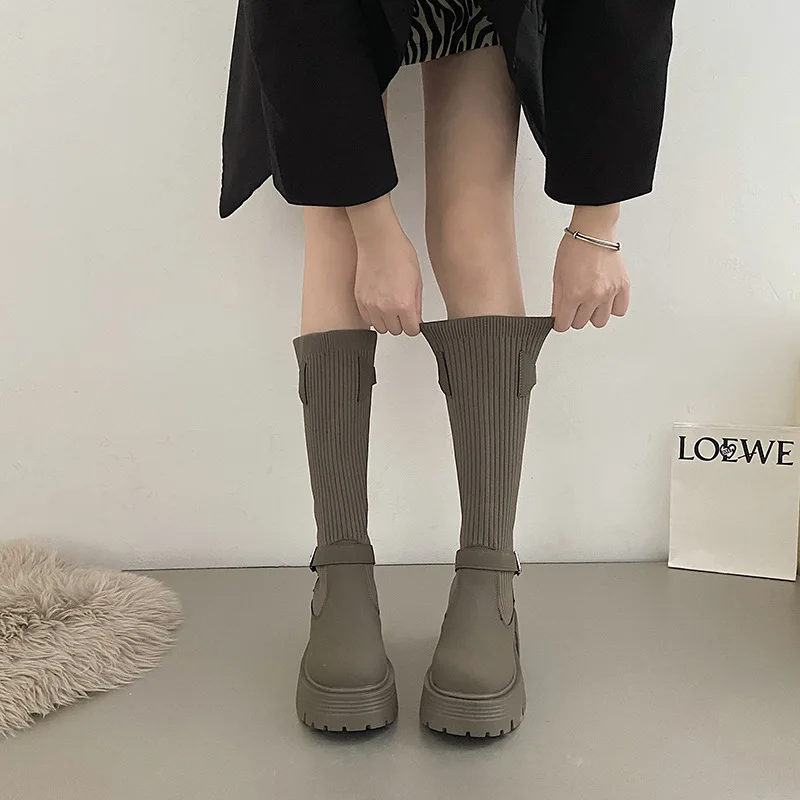 Long Boots Women New Knitted Elastic Boots Retro Thick-soled Women\'s High Boots Knee-length Boots Elegant Boots and Women shoes