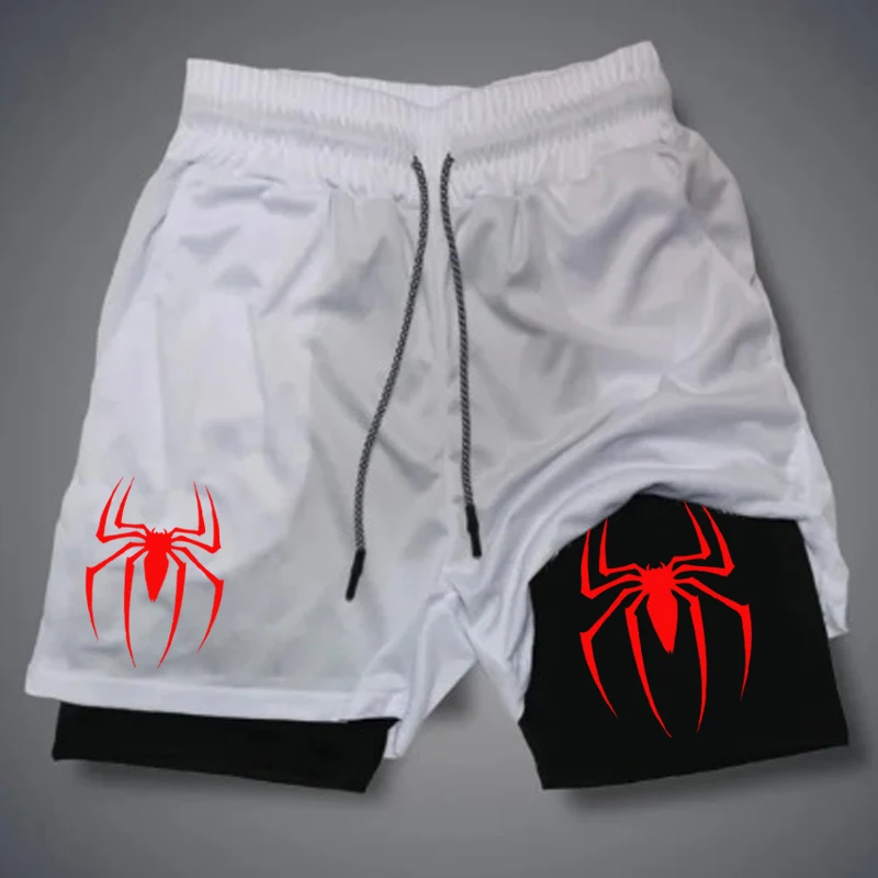 Nowe męskie spodenki wydajnościowe Spider Print GYM Casual sportowe spodenki kompresyjne Run Mesh 2 w 1 sportowe krótkie spodnie