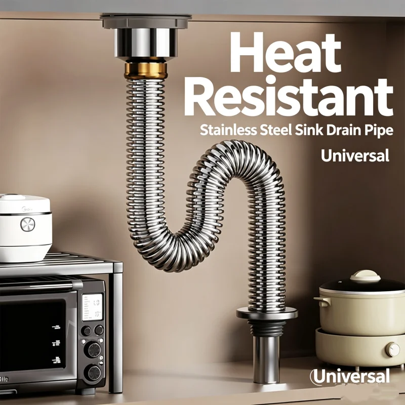 40/60cm Stainless Steel Kitchen Bathroom Sink Siphon Waste Drain Flexible Pipe Hose Deodorant Wash Basin Sewer Universal Drainer
