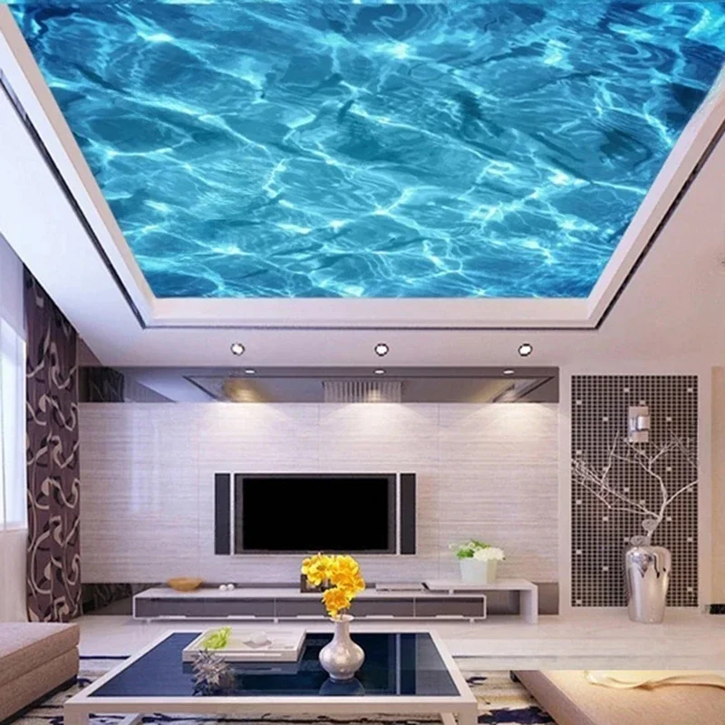 Modern Blue Ocean Pattern Ceiling Mural Custom Wallpaper Customizable Size Wall Covering for Living Room, Bedroom, Office