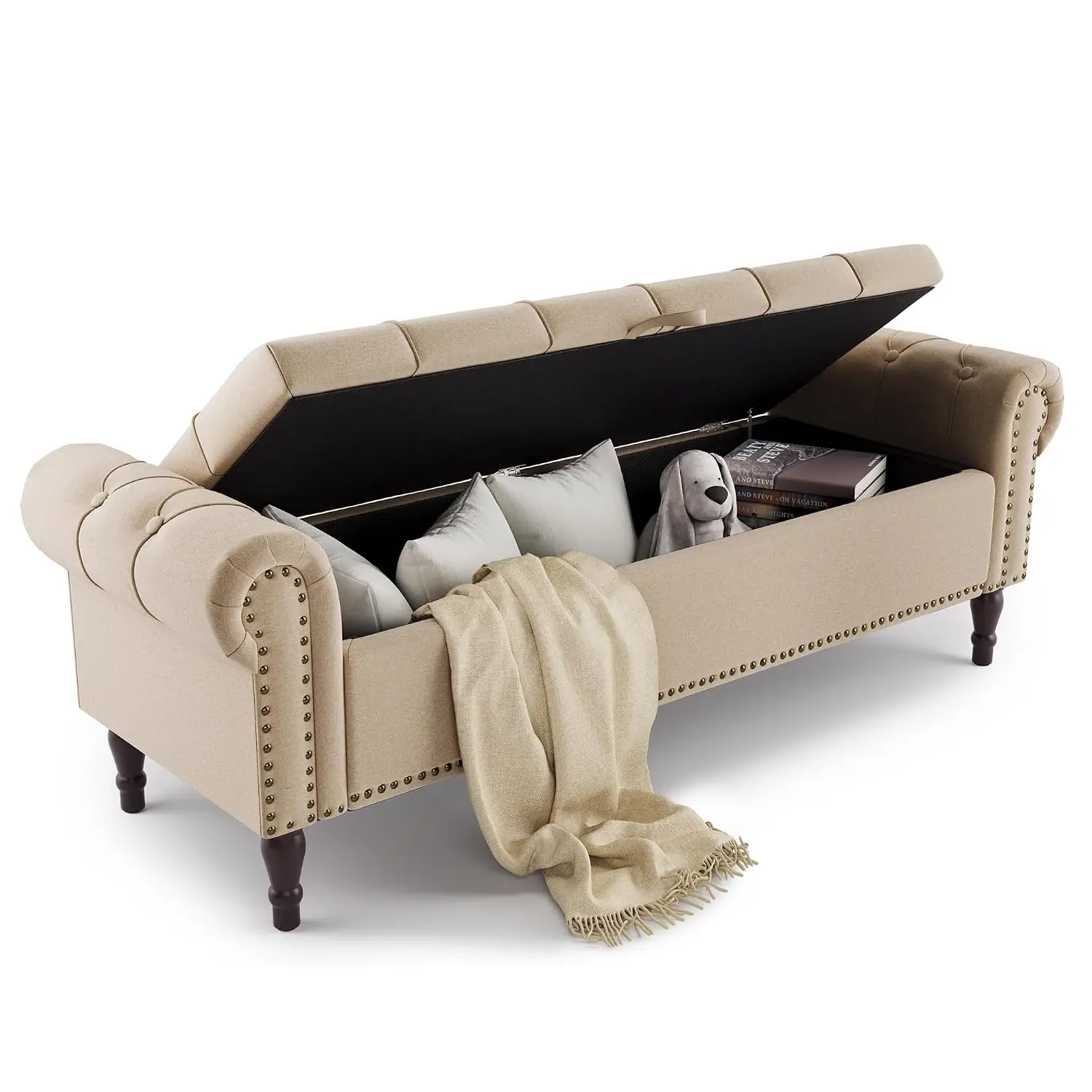 Linen Storage Bench Ottoman, Rolled Arm Button Tufted Seat, 61