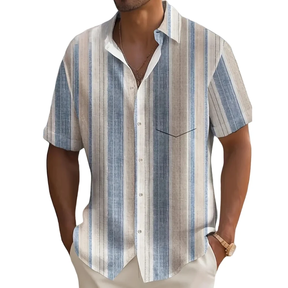 Vintage Striped Men's Shirt Summer Casual Short Sleeve Tops Classic Shirt Large Size Loose Men's Clothing Hawaiian Beach Tops