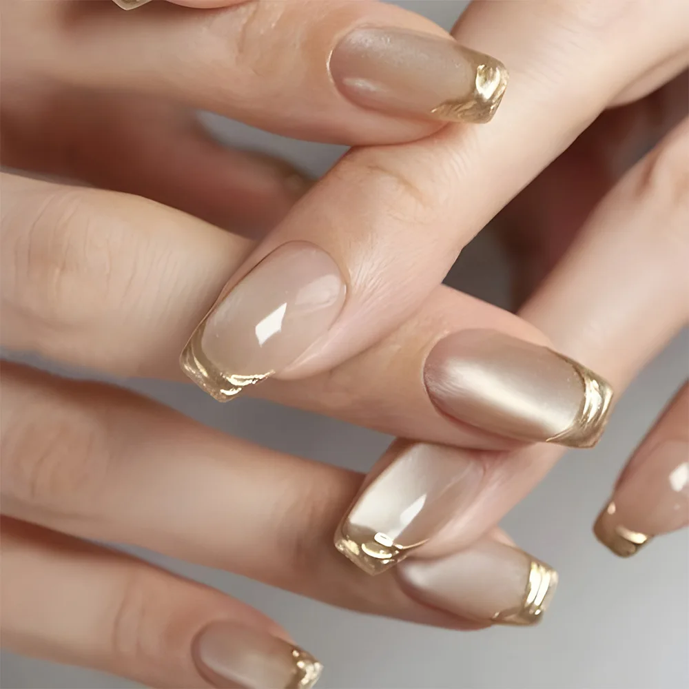 

24 Pcs 3D Gilded French Nails Press on For Girls Cat Eyes Realistic Nail Tips with Tools Artificial False Nails with Charms 2025