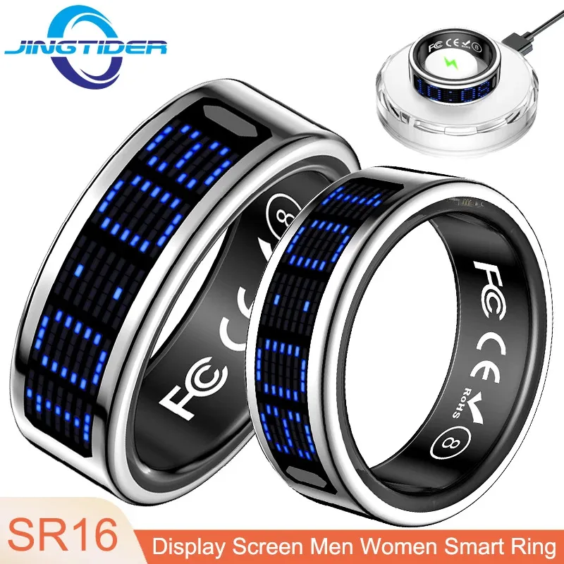 SR16 الفولاذ المقاوم للصدأ الذكية حلقة شاشة عرض المكالمات تذكير اللياقة البدنية خواتم ذكية IP68 مقاوم للماء الأكسجين في الدم معدل ضربات القلب #1