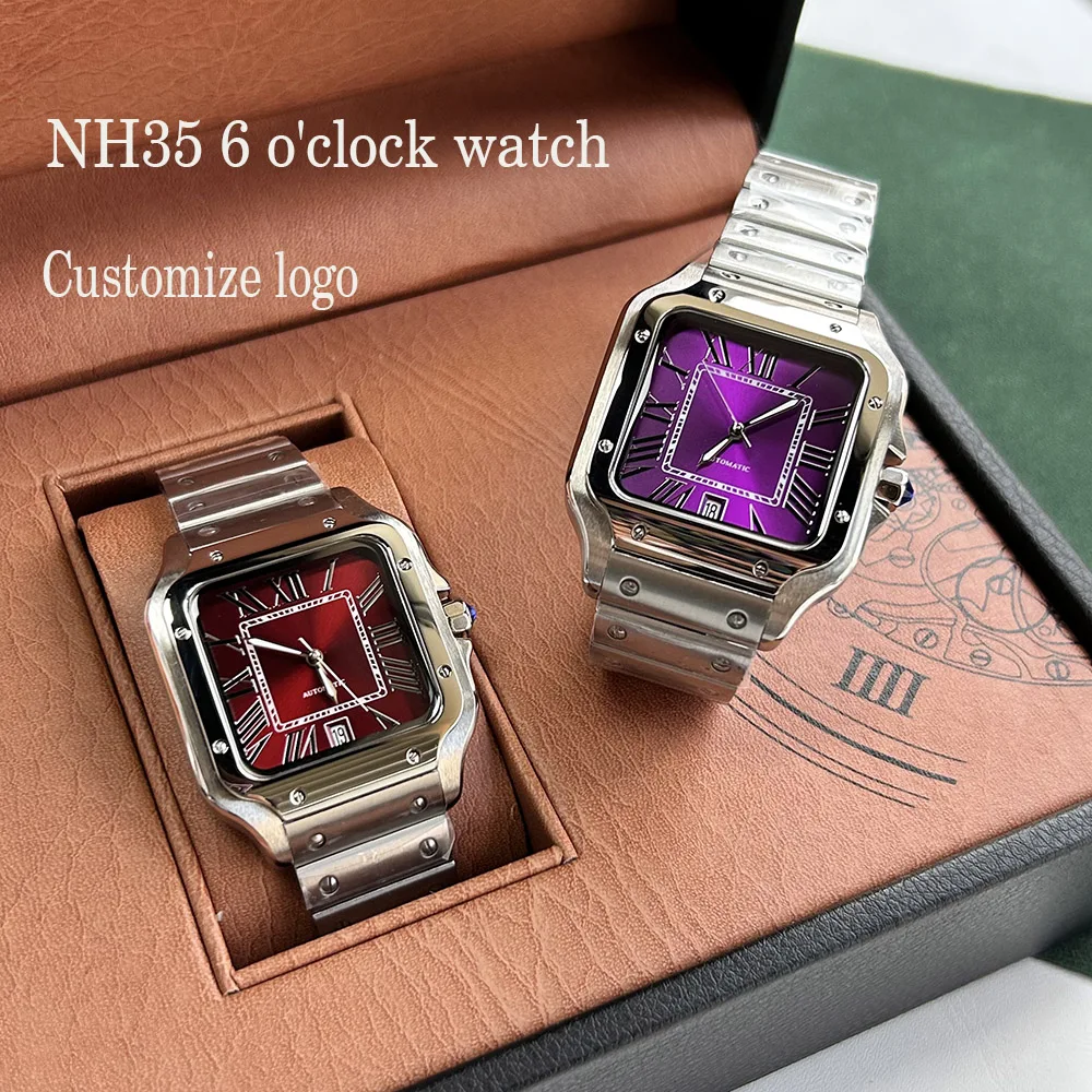 NH35 Watch man's watch square dial Red wine color Folding Buckle Square Case fit NH35 6 o' clock movement view 2