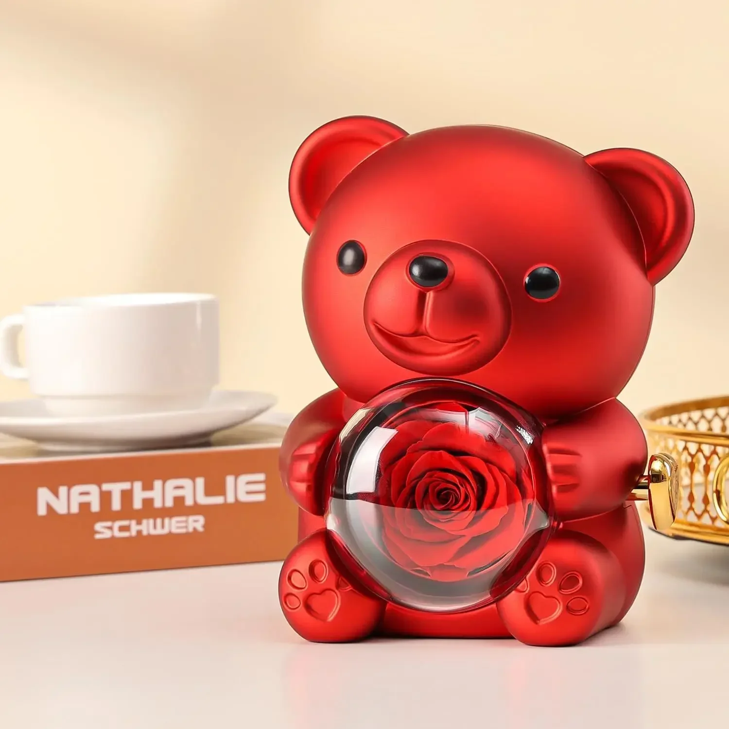 

Rotating Hug Bear Rose Jewelry Box with Artificial Flowers, Faux Eternal Flower Gift Box for Valentine, Necklace Jewelry Gift, F