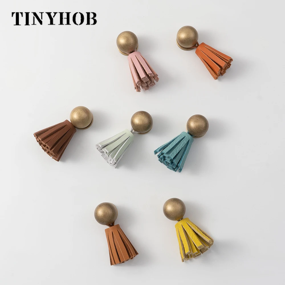 Kids Room Knob, Black Leather Tassel Drawer Pull, Cabinet Hardware for Wardrobe Dresser Kitchen Cupboard 12 Colors