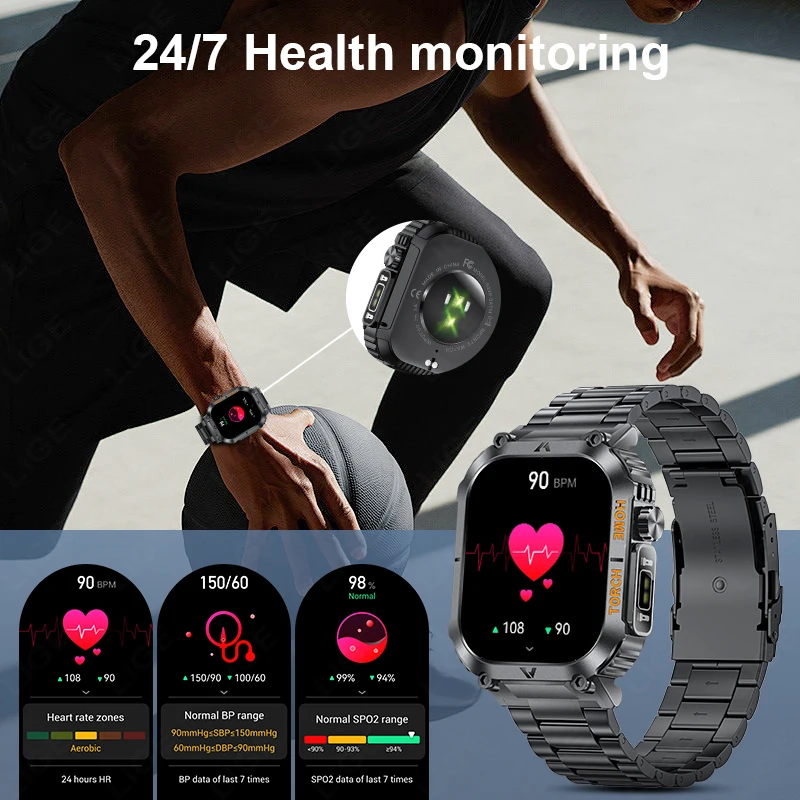 LIGE LED latarka Smartwatch dla mężczyzn kompas sportowy wodoodporny zegarek z monitorowanie ciśnienia krwi Bluetooth dzwoni do inteligentnych