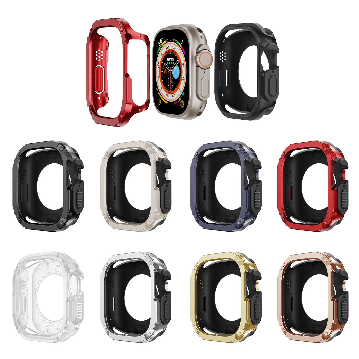 2-in-1-Hülle für Apple Watch Serie 8/7/SE/6/5/4 Ultra 41 mm 45 mm 40 mm 44 mm 49 mm TPU + PC, stoßfester Schutzstoßstange für iwatch