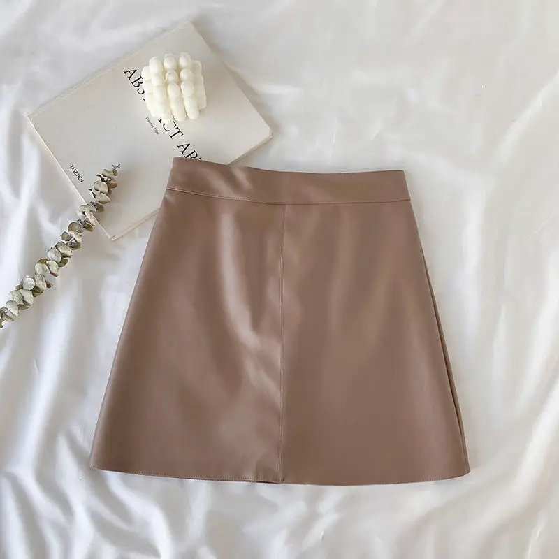 Solid Zipper Wrap Hip Leather Skirt Autumn Winter New Korean High Waist Mini Skirt Female Chic Sexy Club A-line Pu Skirts Women