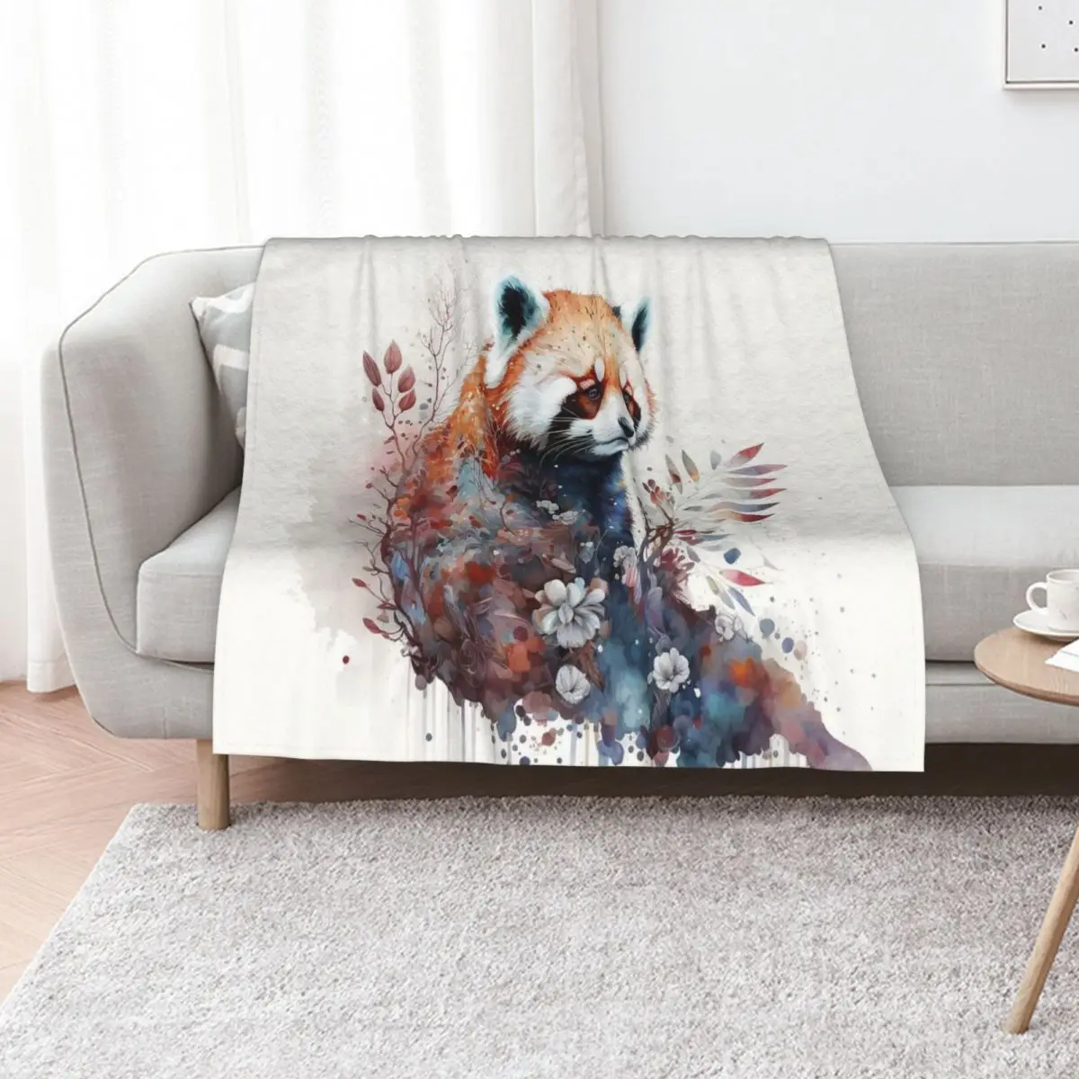 

Watercolor Red Panda in Nature, Floral Design Throw Blanket Luxury Designer Flannel Hairy Decorative Throw Blankets