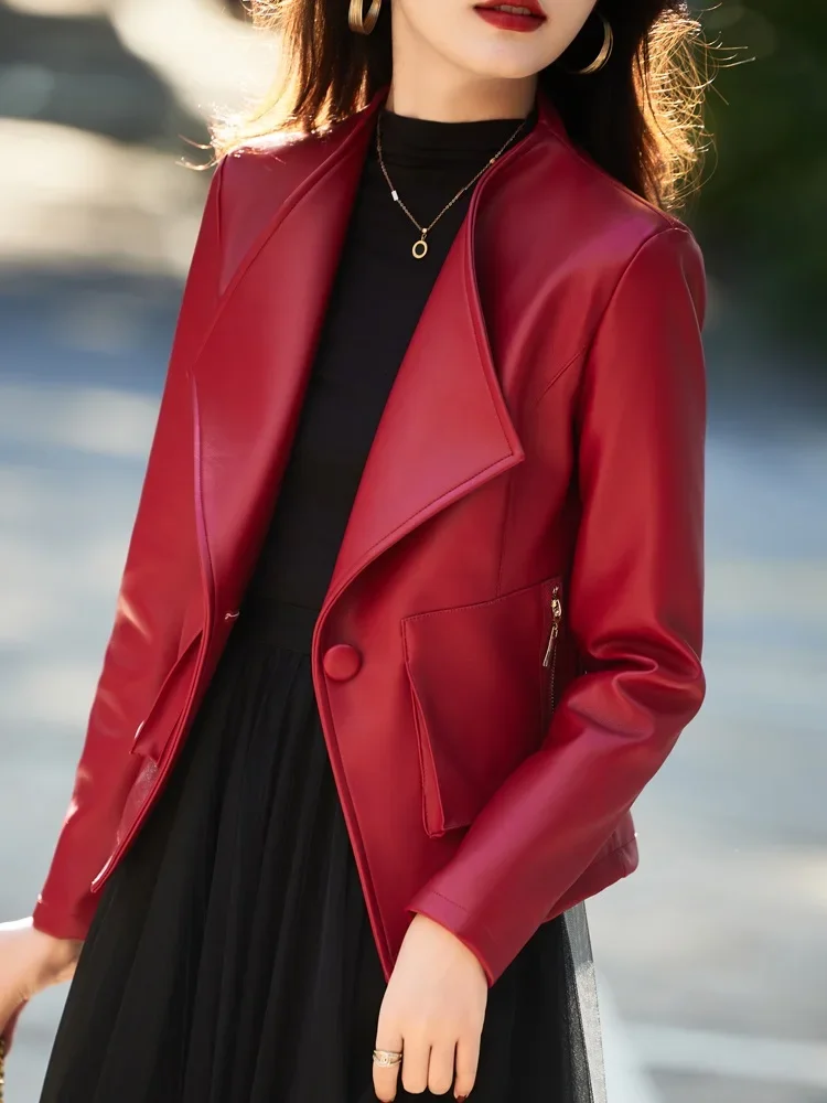 Veste en cuir mince décontractée pour femmes, vestes d'automne et d'hiver, vêtements à la mode pour femmes, revers combiné court rouge, 2023