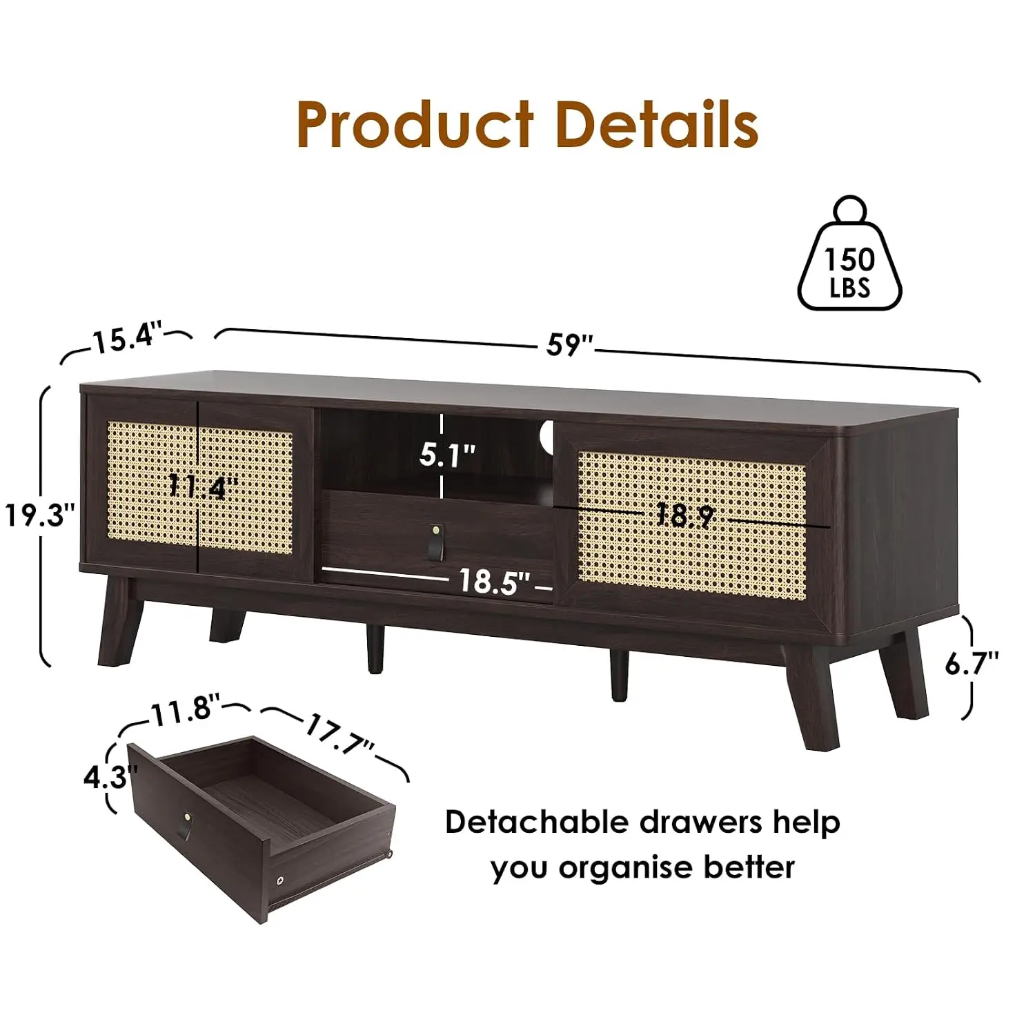 Rattan Wood TV Stand Media Console with Drawer & 2 Cabinets, Boho Entertainment Center for Living Room, Customized