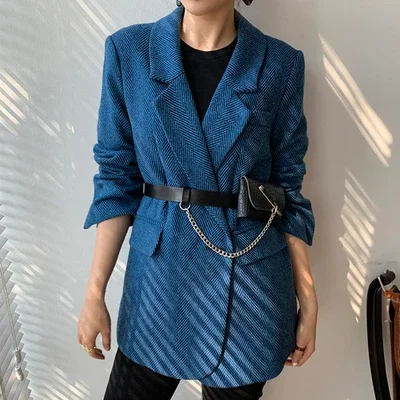 New Woolen Coat Women Elegant Thick Blue Suit Blazer Jacket 2024 Autumn Winter Office Lady Outwear Female Fashion