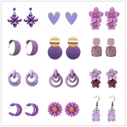 Sweet Purple Flower Butterfly Geometric Drop Earrings for Women Daisy Heart C-Shaped Round Sqaure Brincos Sweet Wedding Jewelry