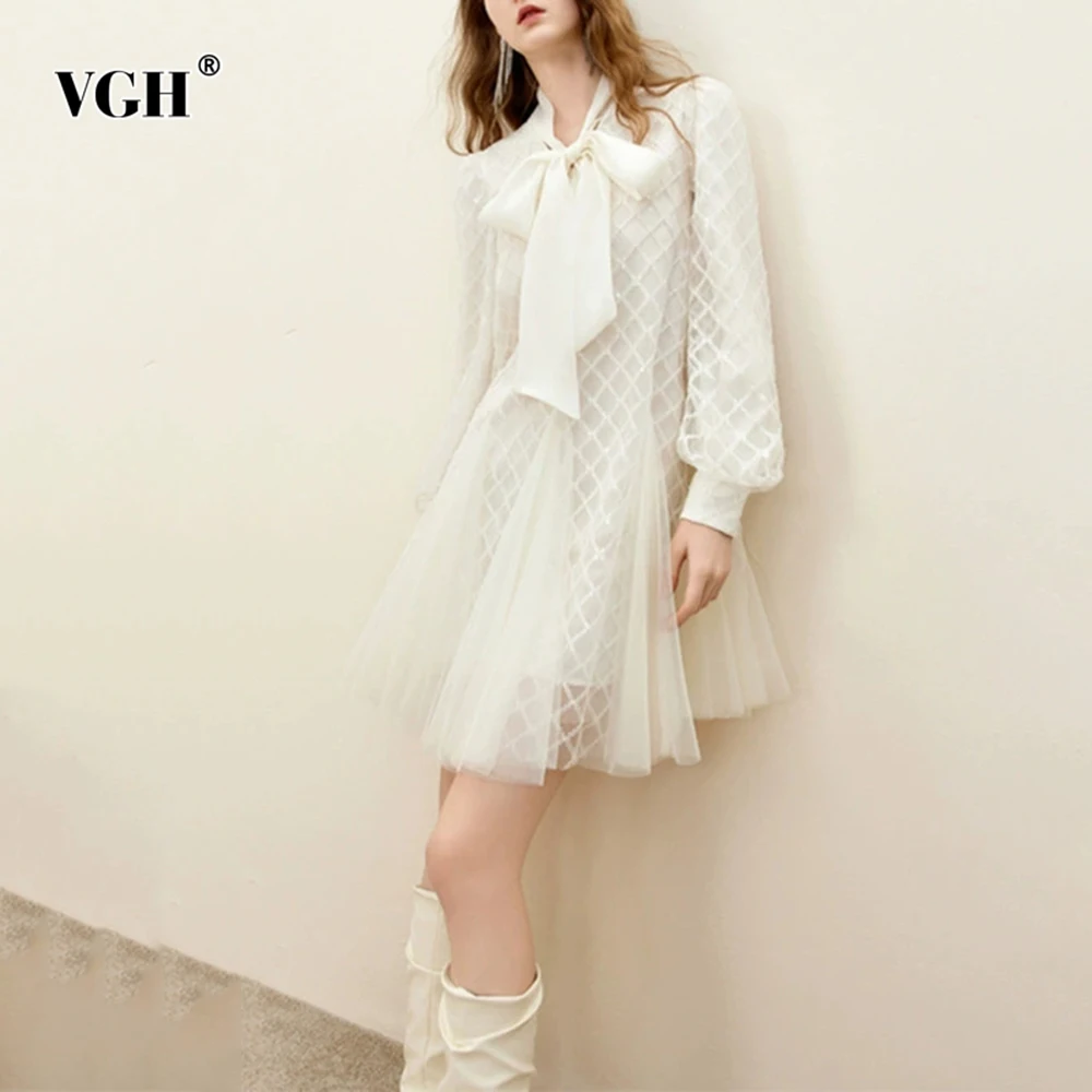 

VGH French Style Elegant Slimming Solid Dresses For Women Round Neck Long Sleeve High Waist Casual Dress Female Fashion Style