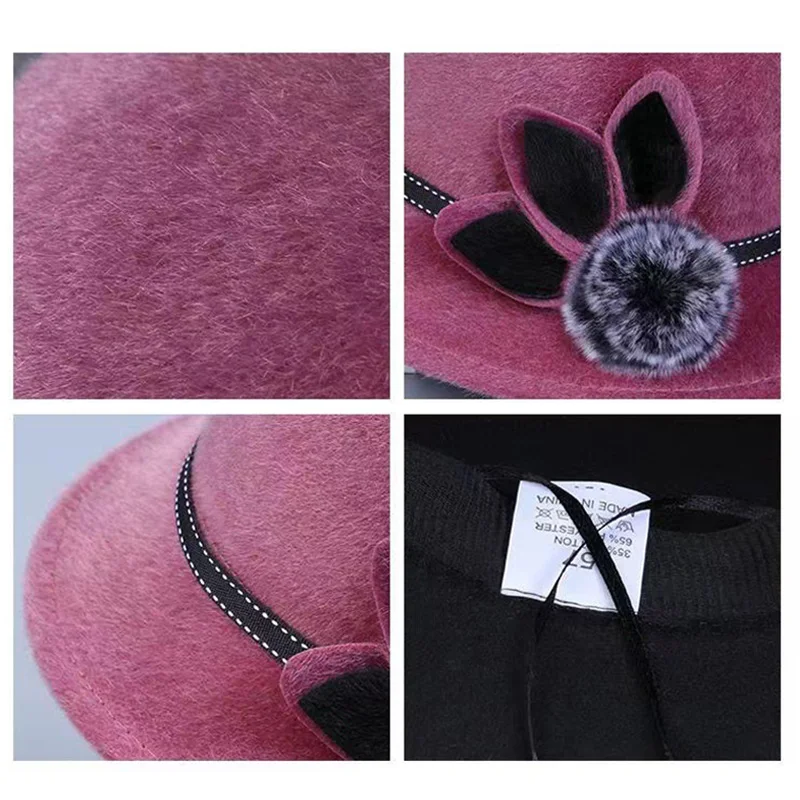 Winter Bow Fedora Hat Women Flap Brim Felt Hat Retro Wine Red Jazz Cap Ribbon Band Decorated Wool Wedding Church Bowler Dome Hat image 4