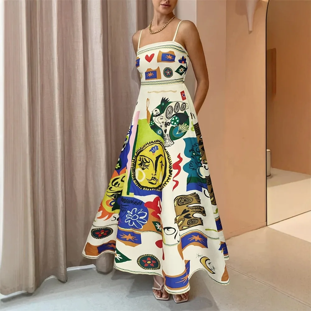 Abito longuette senza spalline con stampa astratta colorata Donna Estate Sun Face Graffiti Boho Beach A-Line Vestito estivo Abiti da festa