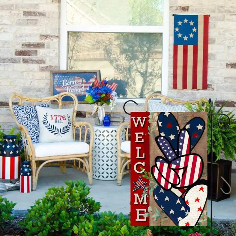 RABUSOFA 4th of July Garden Flag 12x18 Inch Double Sided for Outside, Welcome Patriotic American Stars Love Heart V Hand Gesture