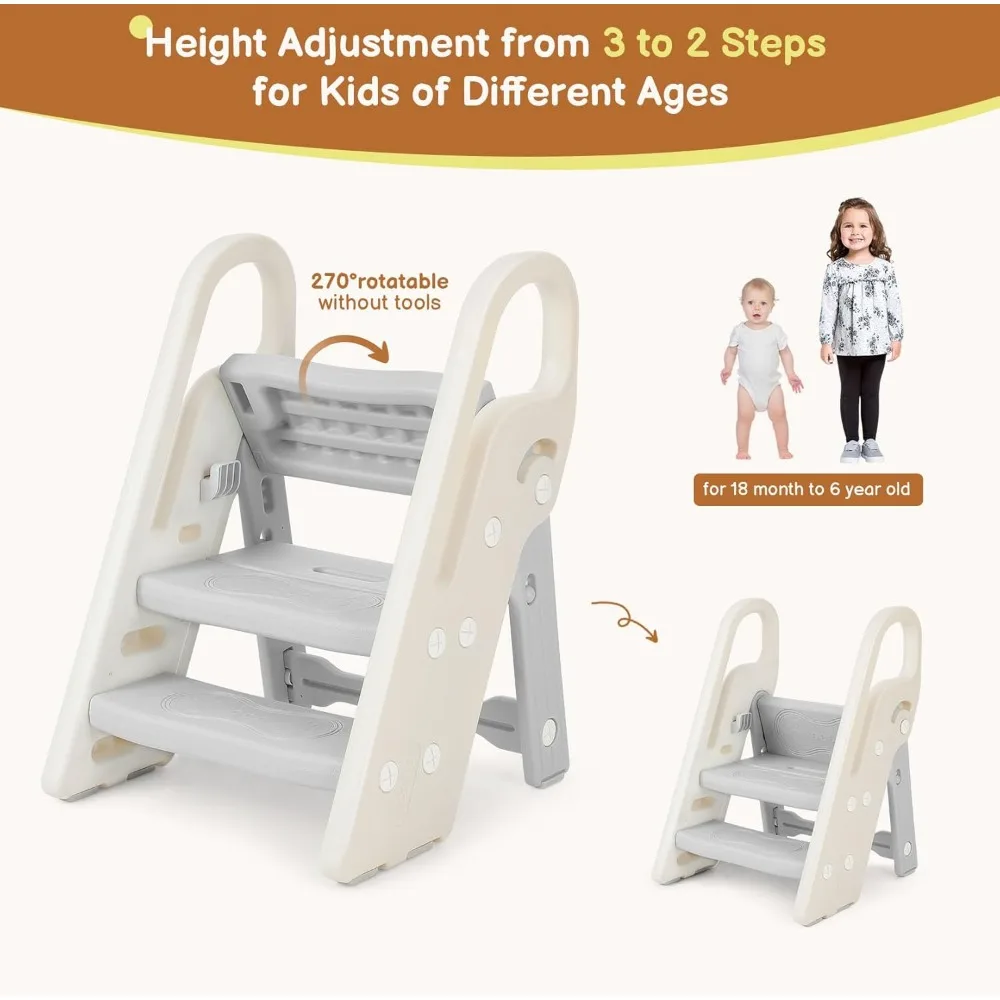 Taburete plegable para lavabo de baño, taburete ajustable de 3 escalones para niños, taburete de entrenamiento para ir al baño con asas, escalera de mostrador