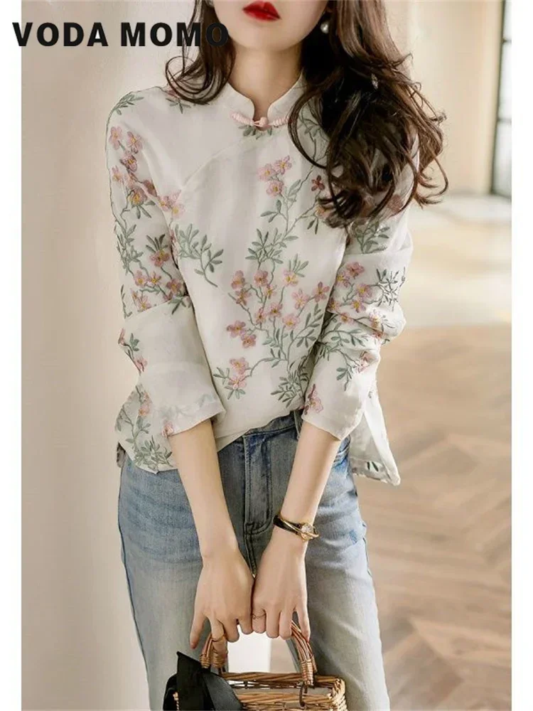 Estilo chino de alta calidad bordado de flores de manga larga otoño Tops de algodón y lino camisa elegante camisa de lino blusa Cheongsam