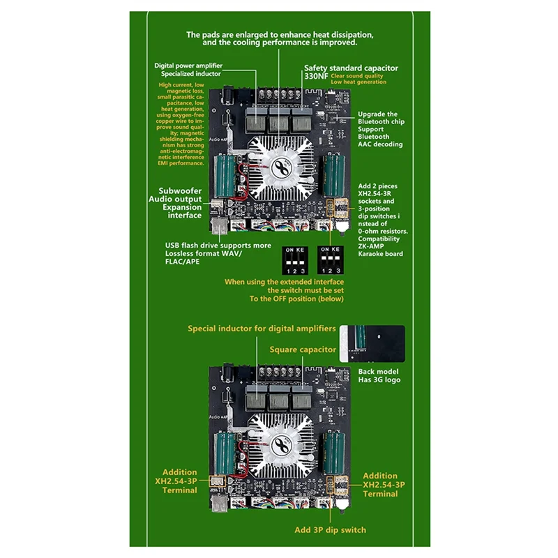 

ABKQ-ZK-HT21 160 Втx2 + 220 Вт Bluetooth-управляемый через приложение цифровой усилитель мощности 2,1-канальный аудиомодуль TDA7498E