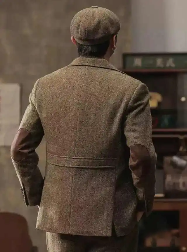 Vintage Tweed Men 2 Piece Suit Suede Elbow Patch Notch Lapel Jacket Pants Formal Outfit For Dating Gala Occasions Customized