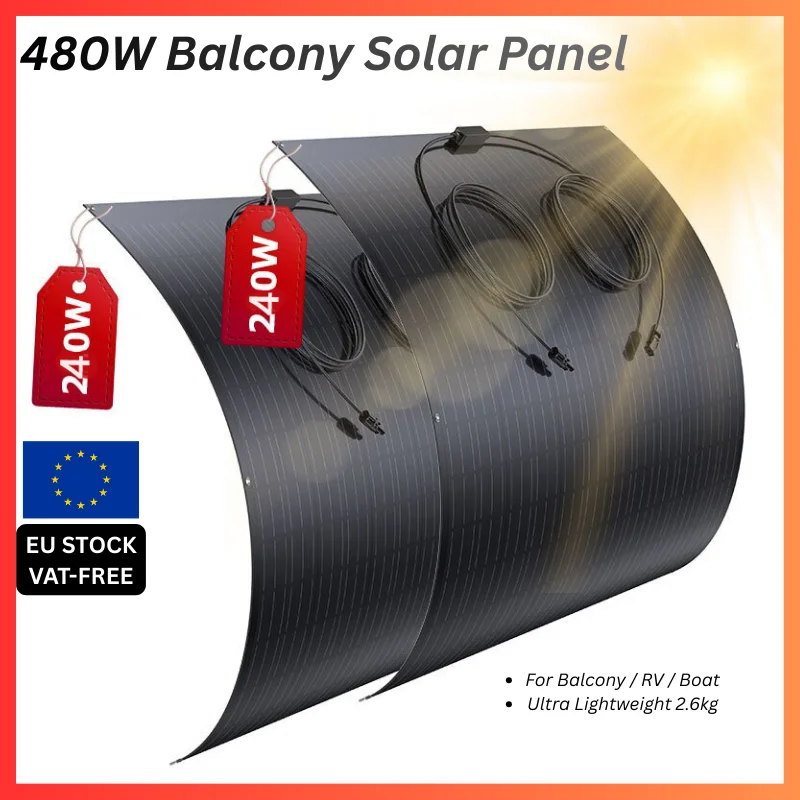 480W flexibel zonnepaneel (2 × 240W) monokristallijne zonnemodule, voor camper, caravan, boot, dak,